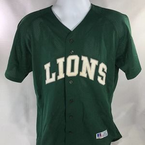 VTG RUSSELL ATHLETIC LIONS JERSEY MENS SIZE 44 USA MADE GREEN BASEBALL BUTTON #8